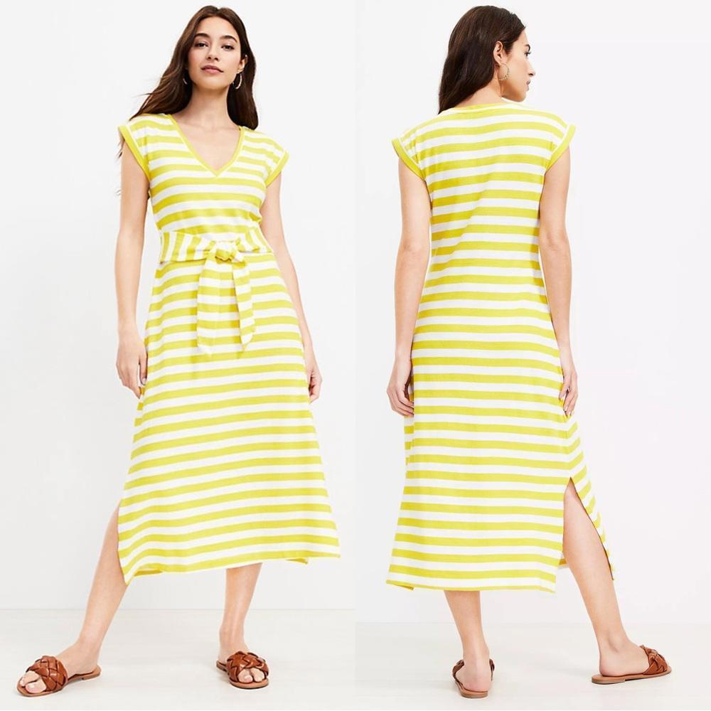 Loft Striped Tie‎ Waist V-Neck Midi Dress Yellow and White Striped Size: Medium